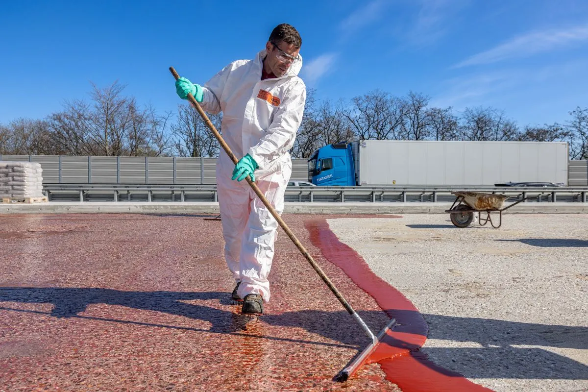 Het betonoppervlak wordt voorbehandeld met MBC-VT 116 van MC-Bauchemie voordat de kraslaag wordt aangebracht.
